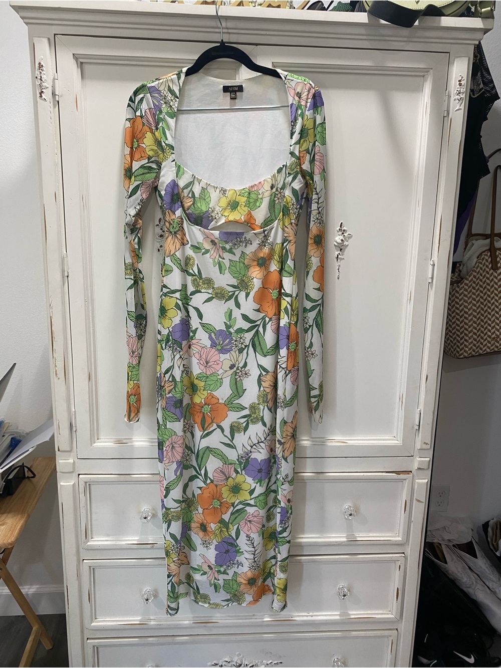 AFRM White Floral Scoop-Neck Long Sleeve Midi Dress with Orange, Purple & Green